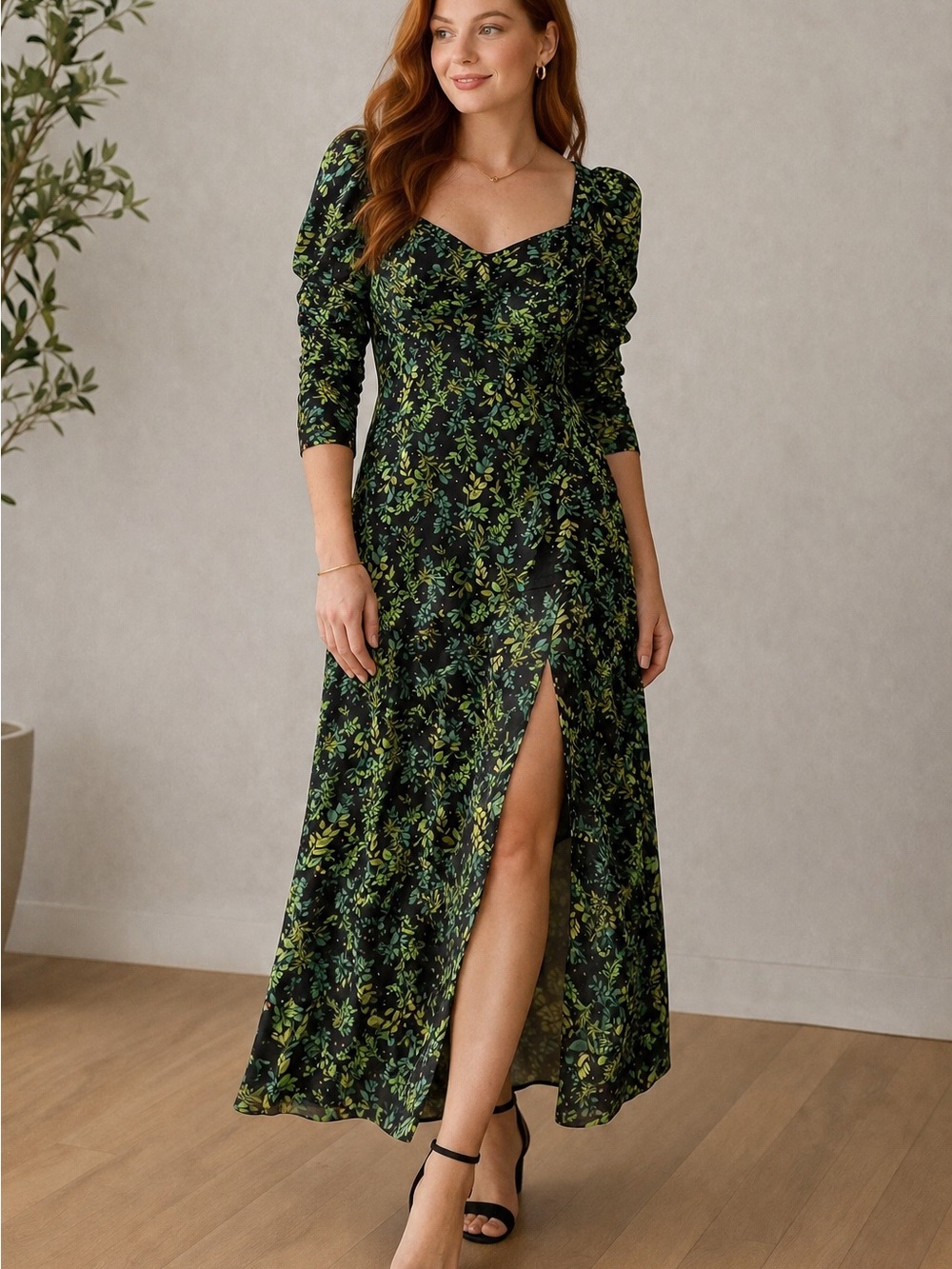 miami Black Maxi Dress with Green Leaf Print